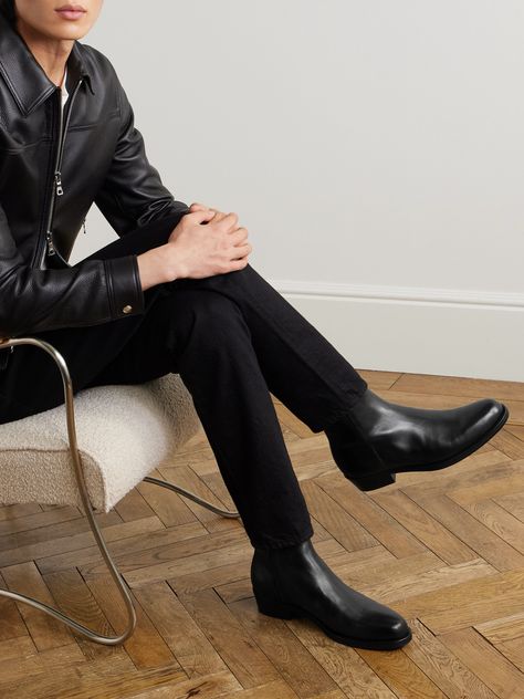 DESIGNED BY MR PORTER. The team at Mr P. is focused on design for the long haul. These 'Oscar' boots are made from smooth leather in a clean, uninterrupted profile with discreet side zips. Team them with tonal jeans or tailoring to create the illusion of a longer line. Long Boots For Men, Black Chelsea Boots Men, Black Chelsea Boots Men Outfit, Shiny Black Chelsea Boots Men, Luxury Masculine Chelsea Ankle Boots, Luxury Semi-formal Men's Chelsea Boots, Men's Luxury Lace-up Chelsea Boots, Luxury Slip-on Chelsea Boots For Men, Leather Boots For Men