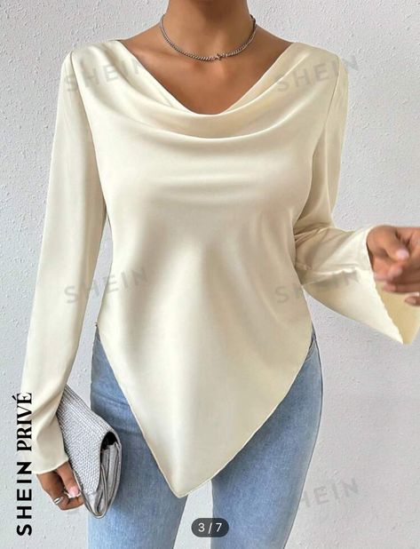 Classy Blouses, Trumpet Sleeve, Hem Blouse, Women Long Sleeve Tops, Asymmetrical Tops, Flared Sleeves, Teal Blue, Online Clothing, Cowl Neck