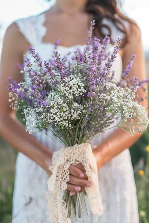 Sage And Lavender Bouquet, Wedding Flowers With Lavender, Lavender And Baby Breath Bouquet, Lavender Wedding Florals, Lilac Bouquet Wedding, Lavender Flower Arrangements, Green And Lavender Wedding, Lilac And Lavender Wedding, Lavender Bridesmaid Bouquet