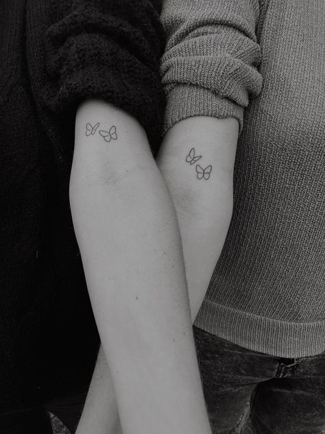 #tattoo #friendship #friends #tattooideas #tattooart #tattooideasformen Small Matching Tattoos Butterfly, Matching Tattoos For Best Friends Butterflies, Non Matching Sister Tattoos, Two Friends Tattoo, Maching Tattoos Butterfly, Sister's Tattoos Matching, Cute Matching Butterfly Tattoos, Matching Small Tattoos Sister Tat, Small Tattoo Sisters