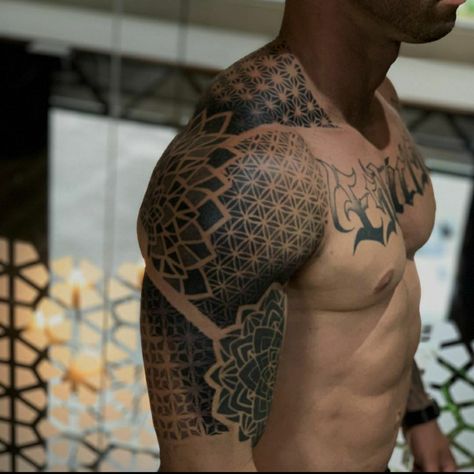 Geometric Mandala Leg Sleeve, Half Torso Tattoo Men, Mens Geometric Tattoo Sleeve, Geometric Tattoo Design Shoulder, Scales Tattoo Men, Mandala Shoulder Tattoo Men, Geometric Tattoo Men Sleeve, Mandala Geometric Tattoo Design, Sacred Geometry Chest Tattoo