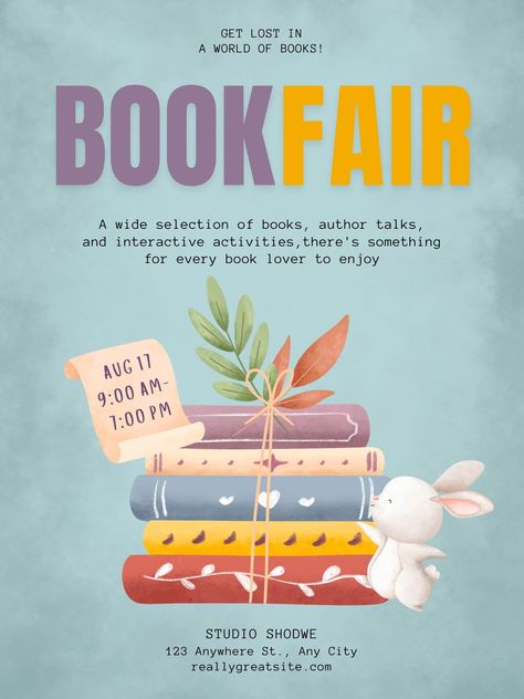 Pale Turquoise Illustrated Book Fair Poster - Templates by Canva Book Event Poster, Book Sale Poster Design, Book Fair Poster Design, Bookfair Poster, Book Fair Poster, Book Club Poster, Ancestry Book, Fair Poster, Book Fairs