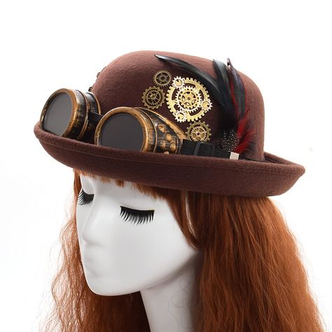 Hat With Goggles, Moda Steampunk, Brown Fedora, Mode Steampunk, Steampunk Couture, Steampunk Top Hat, Black Top Hat, Steampunk Hat, Style Steampunk