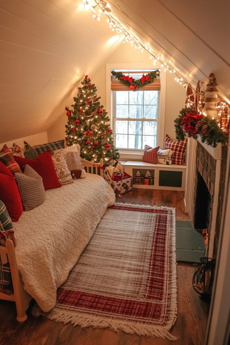 Some fun ideas to make your kid happy with their room's decor. Bedroom Ideas Christmas Room Decor, Christmas Bedroom Bunk Beds, Cozy Bedroom Ideas Christmas, Kid Christmas Bedroom, Christmas Decoration Small Living Room, Christmas Morning With Kids, Bedroom With Christmas Tree, Christmas Decor For Small Bedroom, Basic Christmas Decor