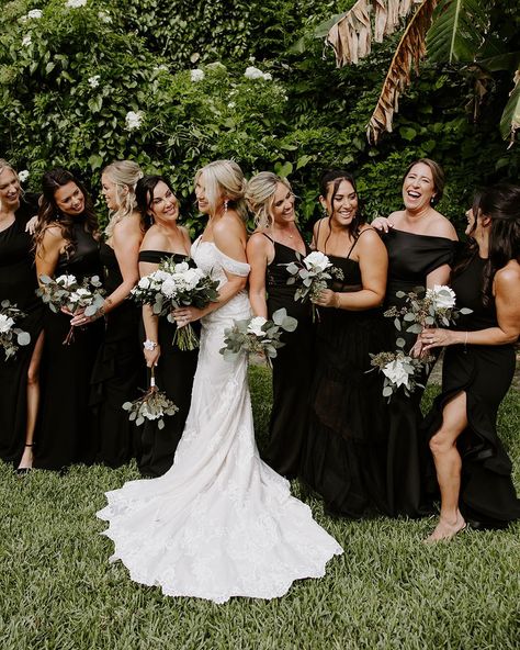 Can’t go wrong with bridesmaids in black and a vintage parasol 🖤 #destinationweddingphotographer #floridawedding #modernbride #bridesmaidsinblack Florida wedding inspo, bridesmaids dress inspiration, destination wedding photographer, modern bride style Black Bridal Party Attire Summer, Black Bridesmaid Dresses With Bride, Bridesmaid Dresses Mismatched Black, Fall Wedding Black Bridesmaid Dresses, Black Mismatched Bridesmaid Dresses, Black Bridemaids Dresses, Black Bridesmaid Dresses Mismatched, Destination Wedding Bridesmaid Dresses, Black Bridesmaid Dress Mismatched