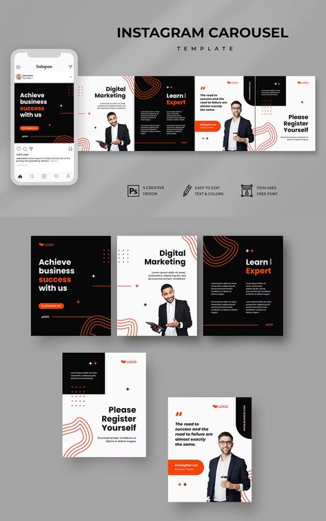 Modern Business Instagram Carousel Template PSD Instagram Template Business, Linkedin Carousel Design Ideas, Canva Post Template, Seamless Carousel Design, Carousal Design Ideas, Insta Carousel Design, Instagram Carousel Design Ideas, Carrousel Instagram, Instagram Carousel Design