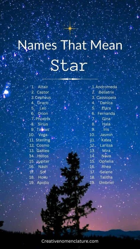 244 Celestial Names That Mean Star for Boys and Girls Names For Queens, Name Of Stars, Galaxy Name Ideas, Names That Mean Sparkle, Planet Names Ideas, Names That Mean Universe, Names Ideas With Meaning, Star Related Names, Name Related To Moon