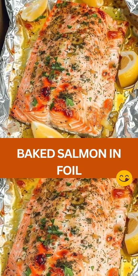 Looking for a quick and delicious dinner idea? Try our Baked Salmon in Foil recipe! This easy-to-make dish features tender salmon fillets seasoned with aromatic herbs, zesty lemon, and a savory butter glaze, all baked to perfection in a convenient foil packet. With minimal prep and cleanup, it's perfect for busy weeknights or entertaining guests. Plus, salmon is packed with omega-3 fatty... Salmon Tin Foil Dinner, Foil Baked Salmon, Baked Salmon Recipes Oven Foil, Baking Salmon In Oven In Foil, Bbq Salmon Recipes In Foil, How To Bake Salmon In Oven, Salmon Fillet Recipes Baked, Salmon Foil Packets Oven, Whole Salmon Recipes Baked