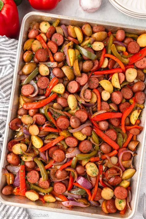 Sheet Pan Sausage, Peppers, and Potatoes Potato Pepper Sausage Bake, Sausage And Peppers Potatoes Oven, Sausage Peppers Onions And Potatoes Sheet Pan, One Pan Sausage And Peppers, Sausage Pepper Potato Sheet Pan, Smoked Sausage One Pan Meal, Beef Sausage Sheet Pan Dinner, Sausage Potatoes And Peppers Sheet Pan, Cajun Sausage Sheet Pan Dinner