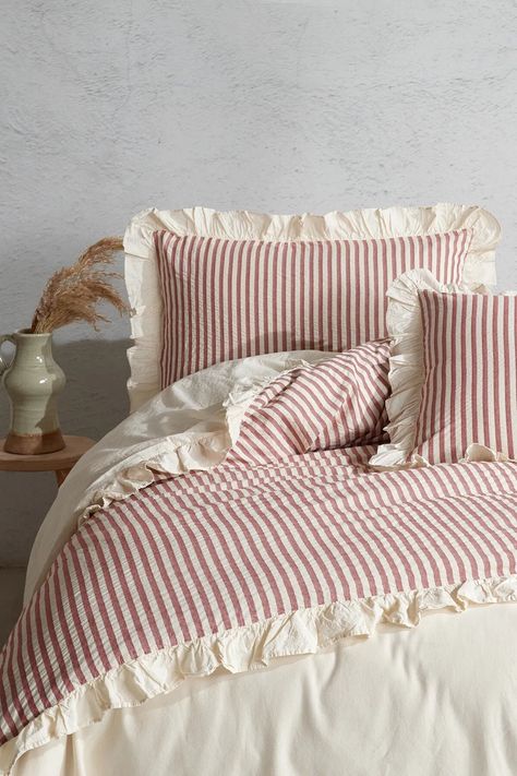 Cherry 100% Cotton Ruffle Yarn Dyed Double Duvet Cover Set,Modern Striped Comforter and Sheet Set,Stripes Comforter Set,Quilt Fastener Gift When you buy a duvet cover set, we send you a Quilt Fastener as a gift. Single duvet cover set: Duvet Cover 160x220 cm  (63x87) Inches                                           Bed Sheet 160x240 cm (solid beige color) (63X94) Inches                                           Pillowcase 50x70 cm (1 piece) (20x 26 ) Inches Double duvet cover set: Duvet Cover 20 Bedding Inspo Cozy, Fluffy Bedding Ideas, Striped Bedding Ideas, Pink And Cream Bedroom, Pink Floral Sheets, Checked Bedding, Queen Duvet Cover Sets, Sheets For Bed, Eclectic Bedding