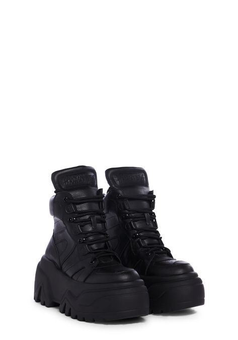 Darker Wavs Vegan Leather High Top Platform Sneakers - Black – Dolls Kill Black Rave Boots, Dolls Kill Black Boots, All Black Accessories, Cool Black Sneakers, Front View Shoes, Black Aesthetic Shoes, Chunky Black Sneakers, Goth Sneakers, Alt Shoes