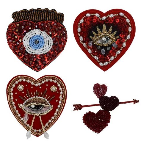 Folk Art Applique, Eyes Patches, Milagro Heart, Beaded Patches, Heart Applique, Art Appliqué, Shoes Diy, Heart Patches, Beg Tangan