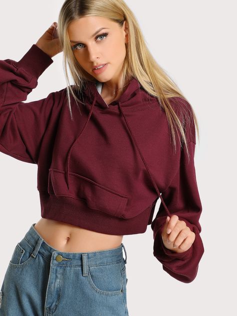 Shop Cropped Long Sleeve Hoodie MAROON online. SheIn offers Cropped Long Sleeve Hoodie MAROON & more to fit your fashionable needs. Maroon Hoodie Outfit, Cropped Hoodie Outfit, Monica Puig, Badass Outfit, Maroon Hoodie, Women Sweatshirts, Red Pullover, Tops Long Sleeve, Cropped Long Sleeve