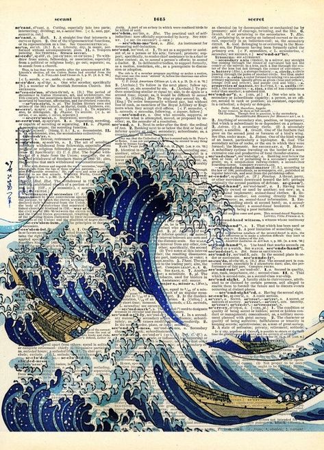 Poster Grafico, Japanese Wave, Newspaper Art, Book Page Art, The Great Wave, Japanese Waves, Great Wave Off Kanagawa, Japon Illustration, Dictionary Art