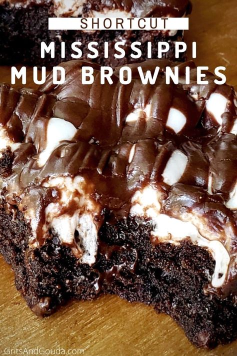 These super easy Mississippi Mud Brownies start with a brownie mix, topped with marshmallows, then drizzled with fudgy chocolate icing. These are shortcut marshmallow brownies but they're NOT short on ooey gooey fudgy goodness! Decadent Brownies Recipe, Brownies From Mix Recipes, Brownie Dump Recipes, Easy Marshmallow Deserts, Brownies Desserts Ideas, Mississippi Mud Cookies, The Best Brownies, Mounds Brownies Recipes, Desserts From Brownie Mixes