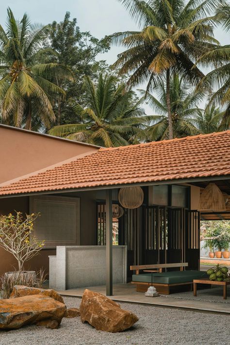 3 South Indian farmhouses immersed in rustic allure | Architectural Digest India House Design For Village, Natural Building Materials, Farmhouse Architecture, Tropical Architecture, Kerala Houses, Narrow House, Vernacular Architecture, Indian Homes, Natural Building