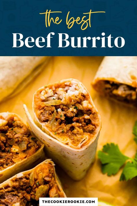 This easy Beef Burrito recipe is hearty, filling, and sure to taste just as good as your favorite Mexican restaurant! Seasoned ground beef, refried beans, cheese, rice, and salsa are loaded into flour tortillas to make these tasty beef burritos. Bean And Rice Burrito Recipe, Beef Bean Rice And Cheese Burritos, Beef Cheese Burrito, Giant Burrito Recipe, Ground Beef And Cheese Burritos, Beef Bean And Rice Burritos, Easy Ground Beef Burrito Recipe, Homemade Beef Burritos, Ground Beef And Refried Beans Recipes