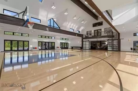 295 Cobble Creek Rd, Bozeman, MT, 59715 | realtor.com® Farmhouse Home Gym Ideas, In House Gym, Barndominium With Sports Court, Garage Pickleball Court, Sports Court Design, Barndominium Basketball Court, Barndo With Basketball Court, House With Basketball Court Outside, Home Indoor Sports Court