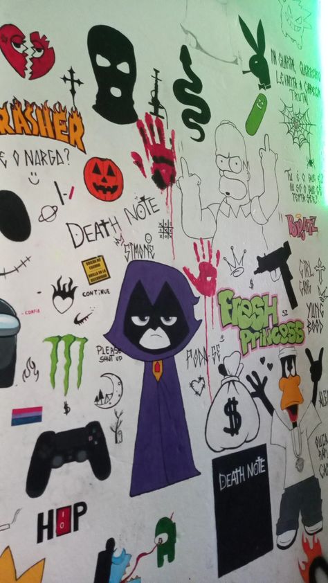 Parade do quarto desenhada
pixação 
grafitti Things To Paint On My Wall, Bedroom Wall Drawing Ideas Creativity, Bedroom Wall Painting Ideas Creativity, Graffiti Room Ideas, Wall Drawing Ideas Creativity, Room Wall Drawing, Easy Grafitti Art, Graffiti Bedroom, Wall Drawing Ideas