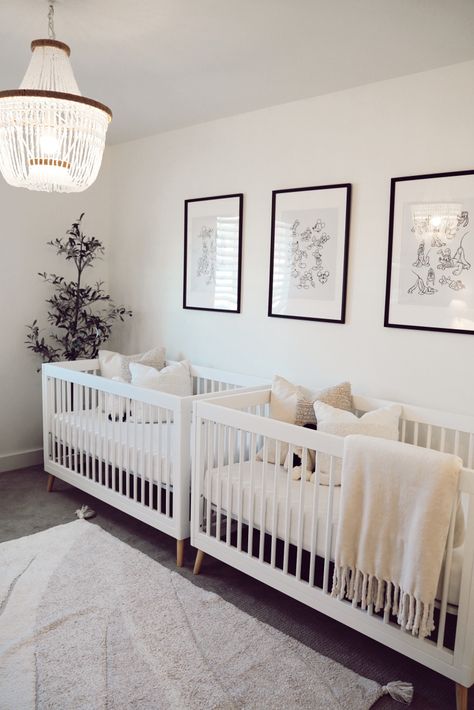 gender neutral, white, minimal baby nursery for twins with subtle disney decor White Gender Neutral Nursery, Twin Neutral Nursery Ideas, Nursery Ideas Ikea Dresser, Neutral Twin Nursery Ideas, Nursery For Twins Gender Neutral, Nursery With Two Cribs, Disney Twin Nursery, Gender Neutral Nursery For Twins, Twin Nursery Set Up Layout