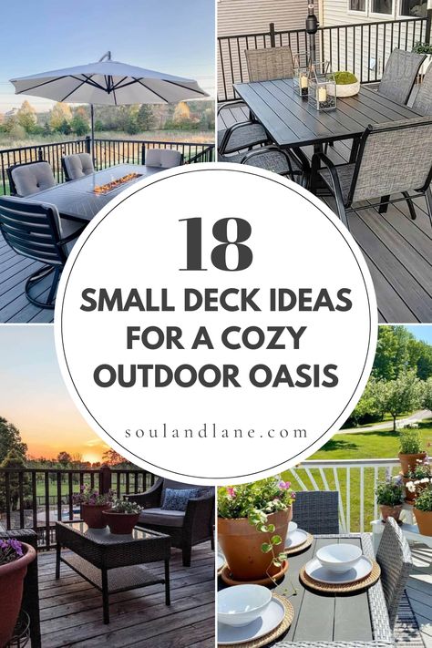 Maximize your small deck's potential with creative solutions that carve out a cozy nook for outdoor enjoyment. Incorporate built-in seating with storage underneath to save space and keep essentials handy. String lights or a small pendant lamp can add a magical glow at night. Use foldable or stackable furniture to easily adapt the space for different uses. Planters with herbs or flowers bring life and fragrance. Small Deck Built In Seating, Mini Deck Ideas Patio, Small Front Yard Deck Ideas, Small Upper Deck Ideas, Small Deck Layout Ideas, Small Deck Seating Ideas, Small Deck Design Ideas, Deck Inspo Outdoor Spaces, Small Decking Ideas