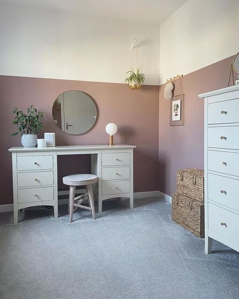 Interior with paint color Farrow and Ball Sulking Room Pink 294 Pink Half Wall Bedroom, Dusky Pink Dressing Room, Dressing Room Paint Colors, Light Mauve Bedroom, Old Rose Bedroom, Dusted Fondant Bedroom, Dressing Room Colour Scheme, Mauve Girls Bedroom, Dusty Rose Room