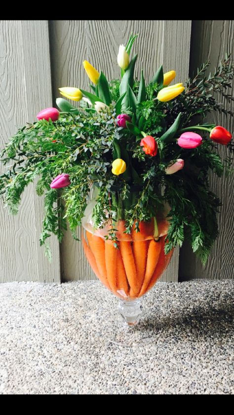 Carrot Floral Arrangements, Floral Arrangement With Vegetables, Carrot Flower Arrangement, Vegetable Floral Arrangements, Vegetable Flower Arrangement, Easter Floral Arrangements Centerpieces, Tulips Flower Arrangements, Carrot Bouquet, Tulip Flower Arrangements