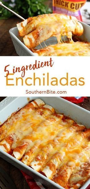 These quick and easy enchiladas only call for 5 ingredients and are ready in no time! It's the perfect recipe for a busy weeknight! #recipe #southernbite #enchiladas #easy #quick #weeknight