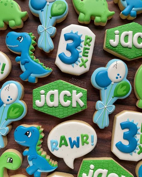 3 Rex Cookies Decorated, 3rd Birthday Dino Cookies, Three Rex Birthday Cookies, 3 Rex Cookies, Dinosaur Royal Icing Cookies, Dino Cookies Decorated, Three Rex Cookies, Dinosaur Cookies Decorated, Dinosaur Sugar Cookies