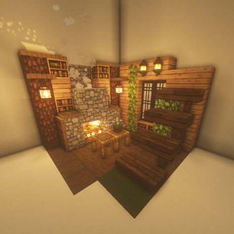 Small House Minecraft Interior, Small House Interior Design Minecraft, Minecraft Library Room Ideas, Minecraft Mini House Interior, Minecraft Cave House Interior Small, Inside Of House Minecraft, Minecraft Cozy Cottage Interior, Minecraft Aesthetic House Interior, Small Minecraft Room Ideas