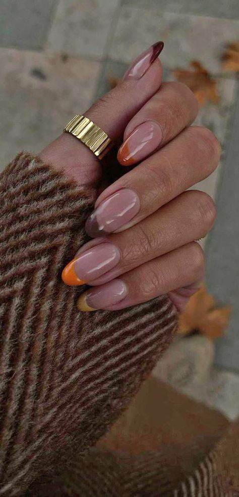 18. Fall Warm Tone French Tip Nails As much as we love summer and have to say goodbye and autumn is waving to say... Fall Color Tip Nails, Autumn 23 Nails, French Tips Autumn, Simple Fall Nails Autumn French Tip, Different Color French Tip Nails Fall, Coloured French Manicure Nails, Fall Colored Tips Nails, Autumn French Tip Nail Designs, Coloured French Nails Tips Fall