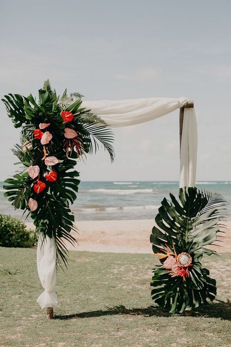 destination Wedding - Arch - Tropical Hawaii flower arch at Loulu Palm Farm Estate Mini Surfboard, Hawaiian Names, Farm Estate, Tropical Wedding Theme, Tropical Wedding Decor, Wedding Ceremony Arch, Wedding Planner Book, Tropical Hawaii, Hawaiian Wedding