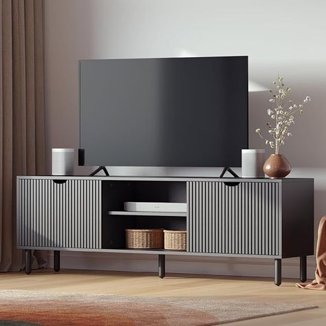 Amazon.com: Contemporary Fluted TV Stand - Media Console - 70 Inch Entertainment Center with Storage - Console Table for Living Room and Bedrooms - Supports 32 to 80" TVs - Soft-Close Cabinet Doors (Black) : Home & Kitchen Fluted Panel Tv Console, Black Modern House Decor, Classy Home Decor Living Room, Tv Stand Decor Living Room Apartment, Under The Tv Ideas, Modern Farmhouse Tv Stand Decor, Black Tv Stand Decor, Tv Stand Living Room Ideas, Living Room Decor Tv Stands