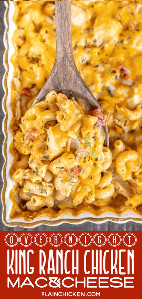 Overnight King Ranch Chicken Mac and Cheese - a new family favorite! It is on repeat in our house! It is like #chicken tetrazzini with #Velveeta and #Rotel. YUM! Just dump everything in the #casserole dish and refrigerate overnight. No boiling the noodles! Chicken, cream of chicken, cream of mushroom, milk, chicken broth, Velveeta, Rotel, taco seasoning, elbow macaroni and mexican cheese blend. Use a rotisserie chicken for quick prep. #texmex #mexican #freezermeal King Ranch Pasta, King Ranch Mac And Cheese, Elbow Noodle Chicken Recipes, Elbow Macaroni Casserole Recipes, Chicken Ranch Macaroni And Cheese, Dinner Ideas With Elbow Noodles, King Ranch Chicken Pasta, Casserole With Macaroni Noodles, Chicken Casserole With Velveeta Cheese