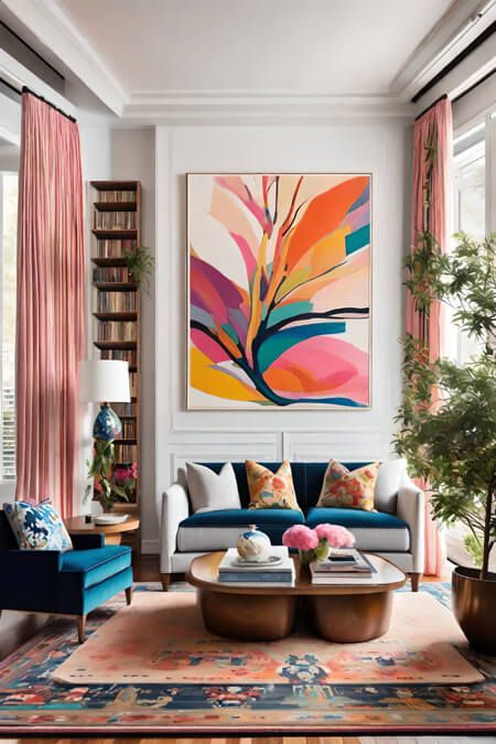 Painting In House Living Rooms, Luxury Bedroom Master Colorful, Paintings In The Living Room, Office Bright Colors, Modern Abstract Interior Design, Neutral Living Room With Pop Of Color Artwork, Home Decor Bright Colors, Living Room Paintings Ideas, Artwork Ideas For Living Room