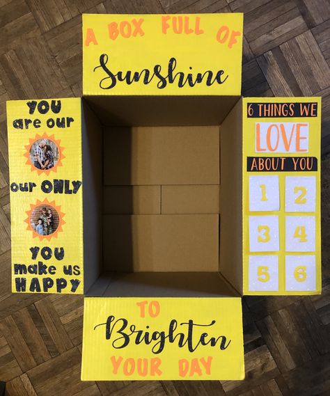 Box Full Of Sunshine Ideas, Army Care Package Ideas, Army Care Package, Anniversary Care Package, Care Package Decorating, Sunshine Care Package, Birthday Care Package, Gi Jane, Missionary Care Packages