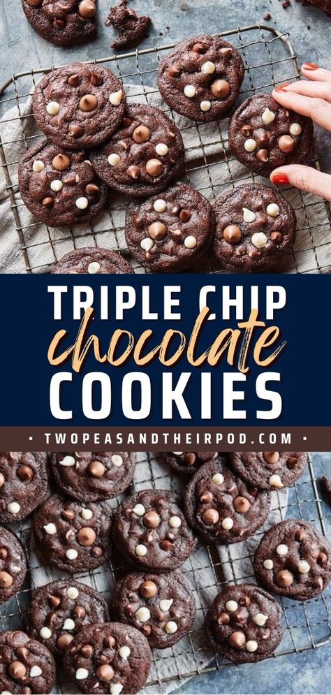 Triple Chip Chocolate Cookies, Valentine's day treats, chocolate dessert ideas Chocolate Dessert Ideas, Triple Chocolate Chip Cookies, Triple Chocolate Cookies, Decadent Chocolate Desserts, Holiday Baking Recipes, Choc Chip Cookies, Chocolate Chip Recipes, Delish Recipes, Fun Easy Recipes