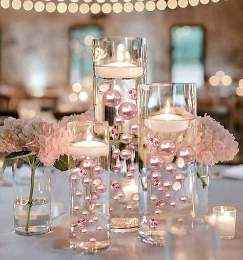 100 Floating Light Pink Blush Pearls with Matching Sparkling Gems-Jumbo Sizes-Fills 2 Gallons of Pearls/Gems & The Most Transparent Gels for Vases-with Exclusive Measured Floating Kit Pearl Vase Centerpiece, Centerpieces Floating Flowers, Centerpieces With Orbeez, Pink And Silver Wedding Decorations, How To Make Floating Flowers, Pink Wedding Centerpieces Diy, Sweet 16 Candles Ideas, Centerpieces For Engagement Party, Tall Floating Candle Centerpieces