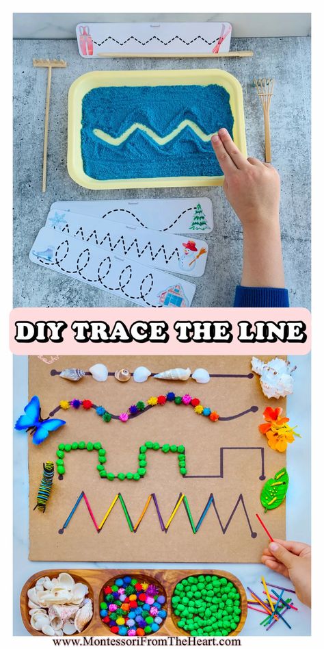 DYED SAND TRACING TRAY Hands-on Montessori prewriting activities | DYED SAND Montessori TRACING TRAY | Hands-on Montessori prewriting activities, such as DYED SAND TRACING TRAY, allow toddlers and preschoolers to practice fine motor control and develop pre-writing strokes. #montessoriathome #sensoryplay #finemotorskills #homeschool #montessori #homeschooling #preschool #preschoolteacher #preschoolactivities #preschooler #kindergarten #kindergartenteacher #learningthroughplay #kidsactivities Tracing Preschool Activities, Pre Class Activities, Tracing Skills Preschool, Montessori Pre Writing Activities, Hand Writing Activities Preschool, Strokes Activities For Preschool, Montessori Prewriting Activities, Pre Writing Activity For Preschool, Pre Writing Activities For Preschoolers