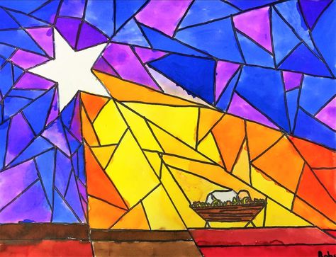 Christmas Art Pictures, Christmas Craft Canvas, Middle School Nativity Art, Christmas Star Art Projects For Kids, Christmas Nativity Art Projects For Kids, Angel Art Projects For Kids, Nativity Art Preschool, Nativity Directed Drawing For Kids, Easy Nativity Drawing