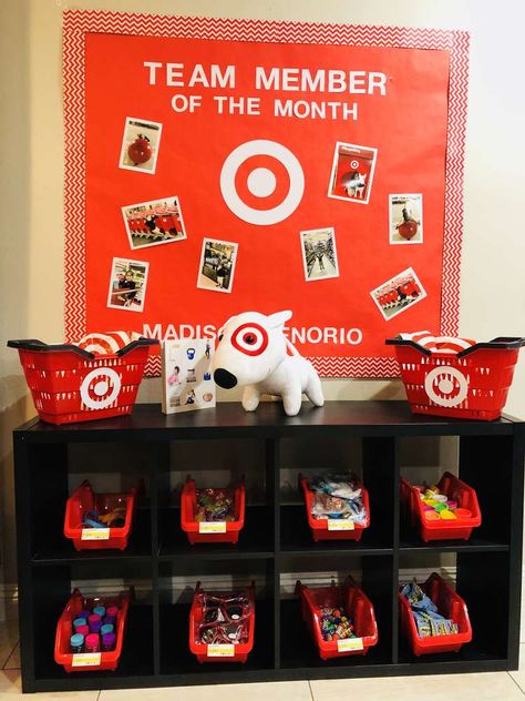 Target Store Birthday Party Ideas | Photo 6 of 16 | Catch My Party Target Themed Classroom, Starbucks Target Birthday, Bullseye Target Party, Classroom Target Store, Target Store Themed Birthday Party, Target Themed Party, Target Classroom, Target Boards, Target Birthday