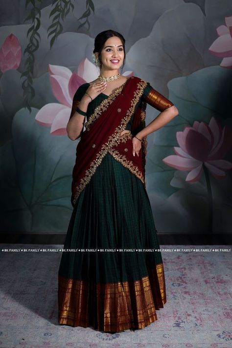 Half Saree Designs Simple, Traditional Half Saree Designs, Long Frocks For Women, Silk Half Saree, Onam Outfits, Half Saree Function, Frock Designs, Lehenga Saree Design, Simple Lehenga