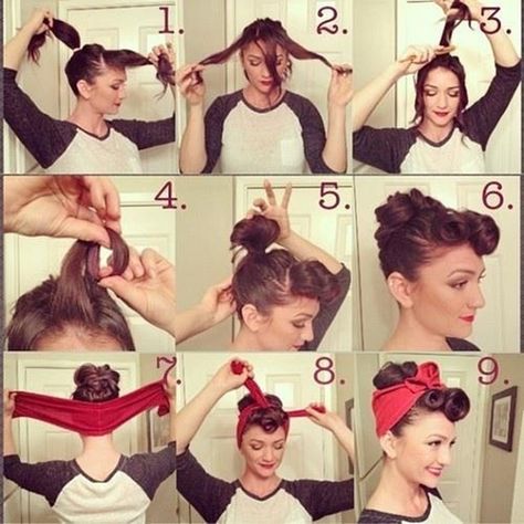 red-bandana-pinup-updo Cabelo Pin Up, 50s Hairstyles, Rockabilly Hair, Pin Up Hair, Pin Curls, Short Haircut, Rockabilly Fashion, Retro Hairstyles, Vintage Hairstyles