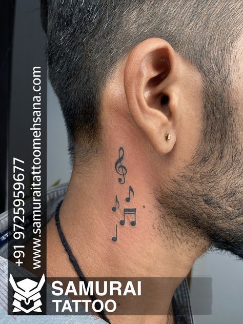 Music Notes Neck Tattoo, Music Neck Tattoo Men, Neck Music Tattoo, Music Tattoo Ear, Neck Tattoo Music, Music Behind Ear Tattoo, Music Notes Tattoo Behind Ear, Music Note Tattoo For Men, Small Tattoos Neck