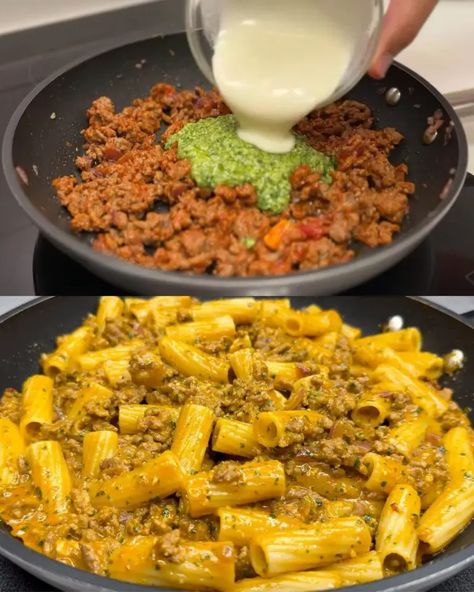 Delicious Pasta with Beef and Basil Pesto - Greenku Recipes Ground Beef And Pesto Pasta, Beef Pesto Recipes, Pesto Beef, Ground Beef And Pesto Recipe, Pesto Ground Beef, Ground Beef Pesto, Ground Beef Pasta, Pasta Bolognese, Beef Pasta