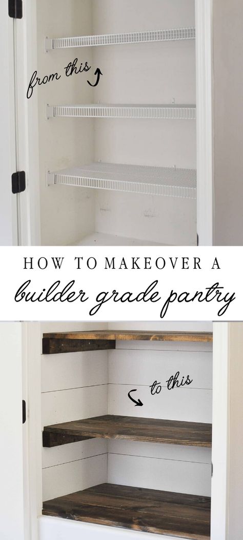 Builder Grade Shelf Update, Farmhouse Open Pantry Ideas, Kitchen Pantry Closet Organization, Pantry Ceiling Ideas, Diy Farmhouse Home Improvement, Modular Home Improvements, Turn Hall Closet Into Pantry, Diy Pantry Redo, Rustic Pantry Organization