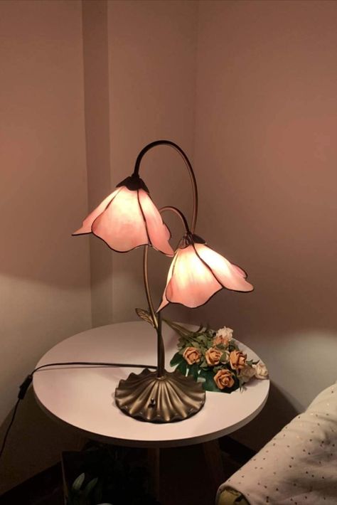 Bieye L10811 Flower Tiffany Style Stained Glass Table Lamp with 8-inch Wide Bent Glass Lampshade Lily Pad Base (2-Light, Pink) Fairycore Lamp, Stained Glass Table, Stained Glass Table Lamps, Decor Pad, Tiffany Style Table Lamps, Pink Table Lamp, Small Space Bedroom, I Love Lamp, Flower Lamp