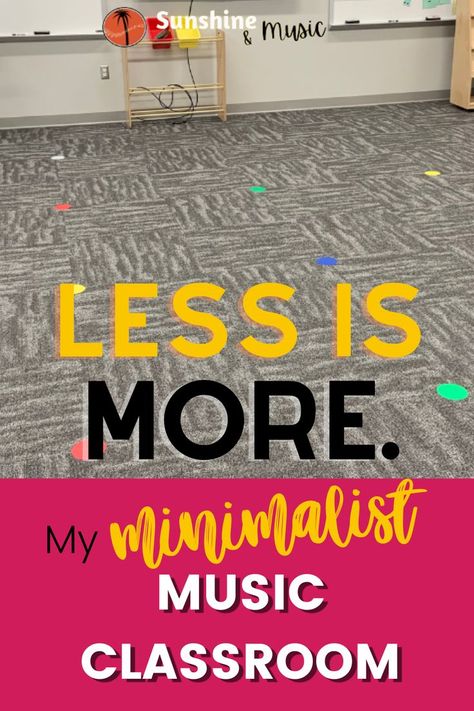 Picture of a simple but cheerful elementary music classroom titled "less is more. my minimalist music classroom" Decorate Music Classroom, Music Classroom Organization Elementary, Piano Classroom Decor, Small Music Classroom Setup, Music Room Elementary School, Preschool Music Classroom Decor, Music Classroom Setup, Music Class Decor, Music Classroom Decor Ideas