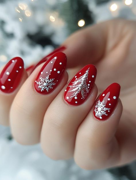 Sleigh your holiday style with 26 stunning red Christmas nail ideas! Explore a palette of crimson hues, from soft rose to deep garnet. These merry manicures will add a touch of classic glamour to your festive look, spreading joy with every flick of your beautifully adorned fingers. Red Nails Designs Christmas, Nail Inspiration For Christmas, Trending Christmas Nails 2024, Red Gel Christmas Nails, Red Nail Designs For Christmas, Red And Silver Holiday Nails, Red Shine Nails, Christmas Nails 2025, White Red Christmas Nails