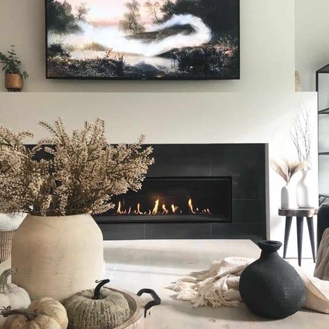 Cozy Electric Fireplace, Fireplace Updates, Dramatic Fireplace, Shiplap Living Room, Modern Fireplace Mantels, Brick Fireplace Wall, Black Electric Fireplace, Shelving Units Living Room, Modern Farmhouse Fireplace